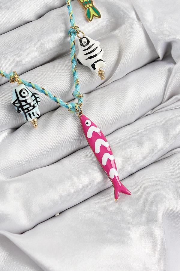BFS Seramik Motifli Pembe Balık Figürlü Model Mavi İp Kadın Kolye - Image 1