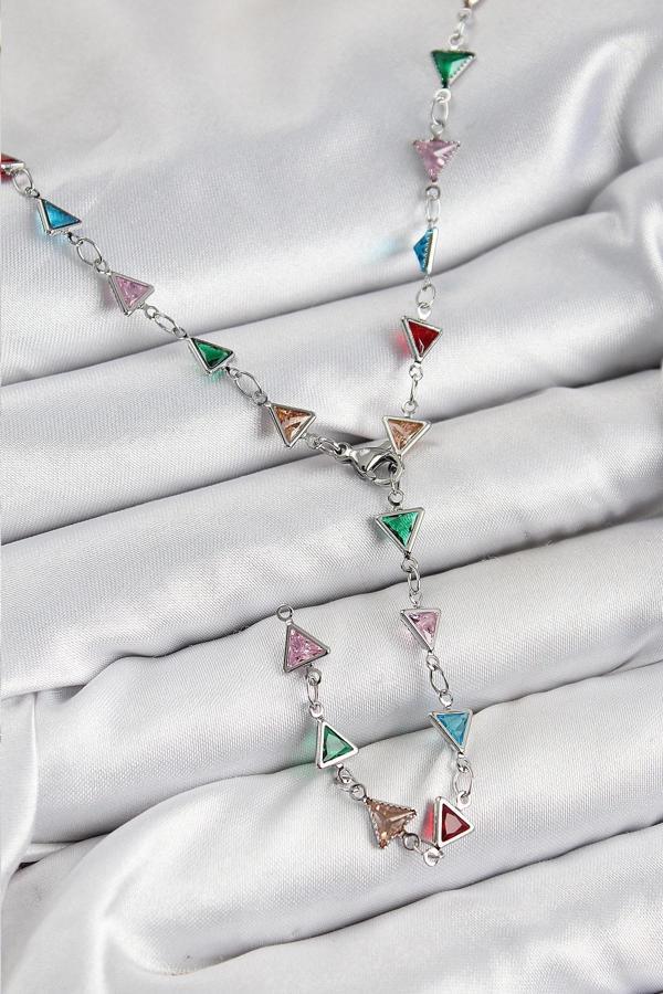 BFS Pirinç Renkli Zirkon Taşlı Üçgen Model Gümüş Renk Kadın Y Kolye - Image 1