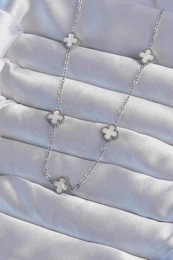 BFS 316L Çelik Gümüş Renk Minimal Beyaz Sedefli Yonca Kolye - Image 1