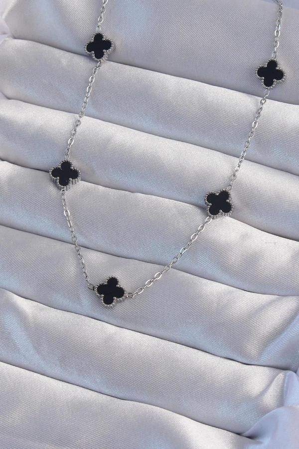 BFS 316L Çelik Gümüş Renk Minimal Siyah Mineli Yonca Kolye - Image 1