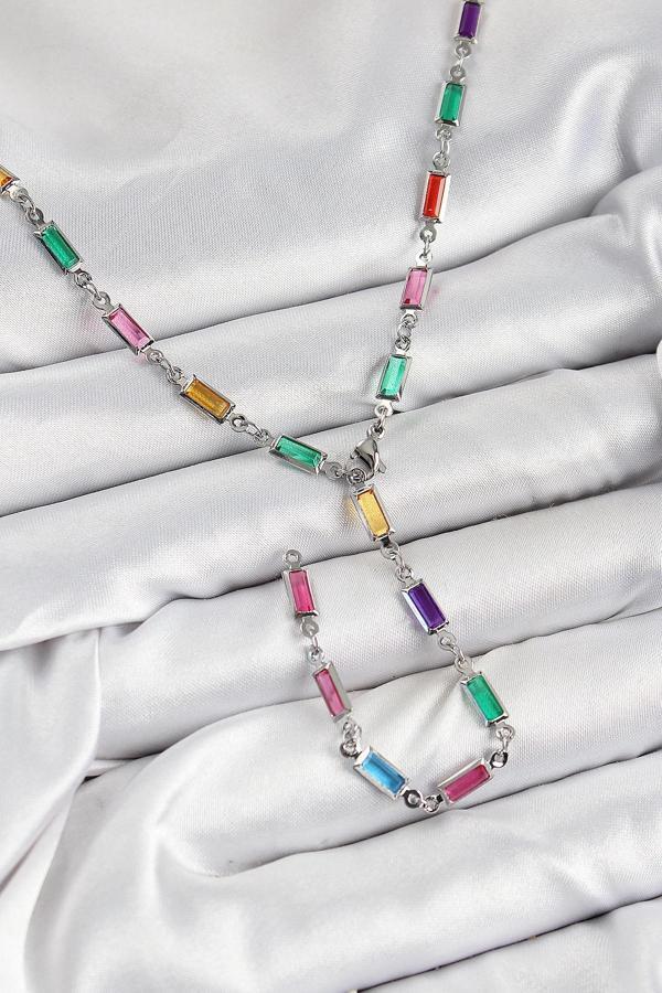 BFS Pirinç Renkli Zirkon Taşlı Dikdörtgen Model Gümüş Renk Kadın Y Kolye - Image 1