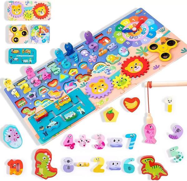 Montessori 8 Fonksiyonlu Ahşap Eğitici Logaritmik Sayı ve Şekil Oyuncak Seti + Balık Tutma Oyunu - Image 1