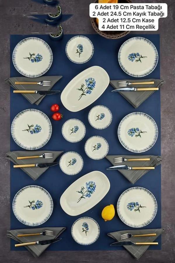 Cooker CKR4262 Mavi Çiçek Desenli Beyaz Porselen Kahvaltı Seti 14 Parça - Image 1