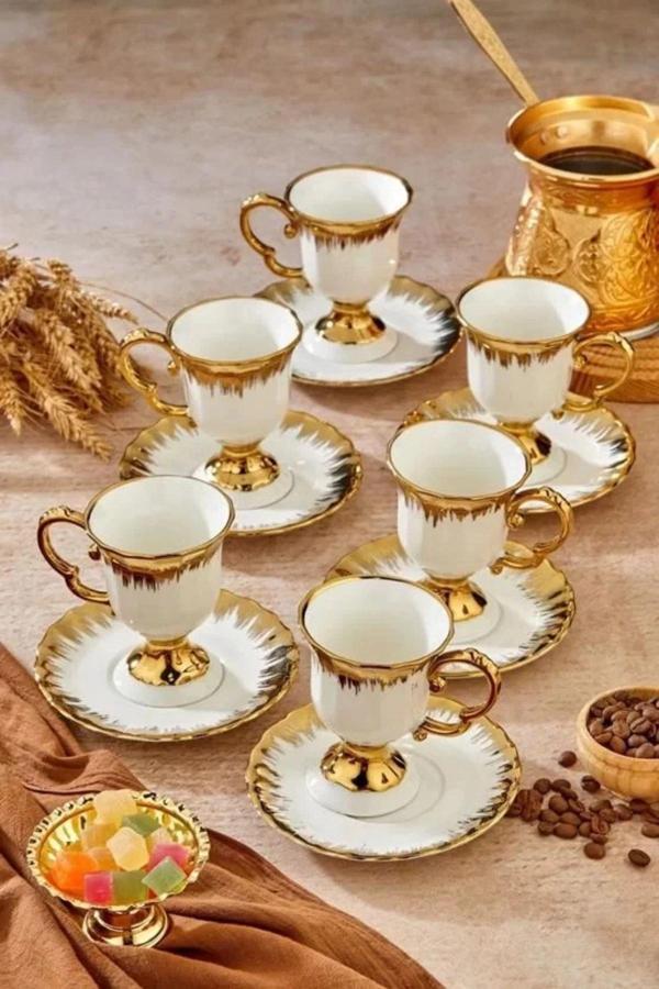 Cooker CKR3534 Gold Detaylı Beyaz Porselen Kahve Fincan Takımı 6'lı - Image 1