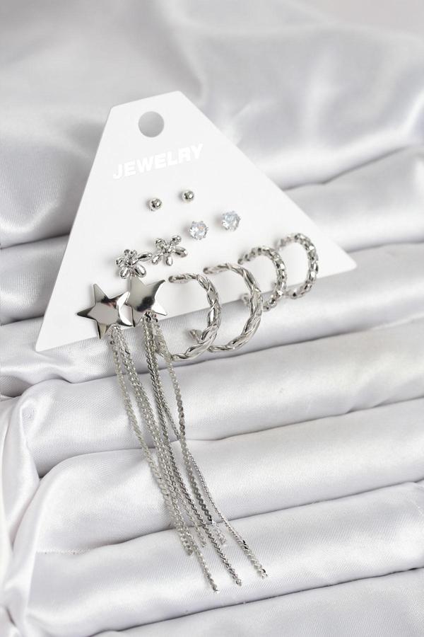 Zarif Kulaklar için 6ÇİFT Silver Pirinç Design Kadın Küpe Seti - Image 1