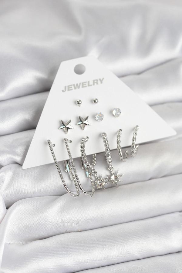 Zarif Kulaklar için 6PARÇA Silver Pirinç Küpe Seti - Image 1