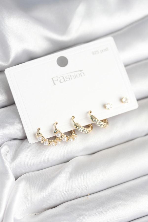 Zarif Kulaklar için Golden Pirinç Zirkonlu İncili 925 Silver Çivili Küpe Seti - Image 1