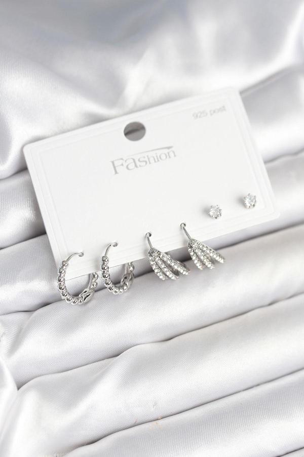 Zarif Kulaklar için Silver Pirinç Zirkonlu 925 Silver Çivili Kadın Küpe Seti - Image 1