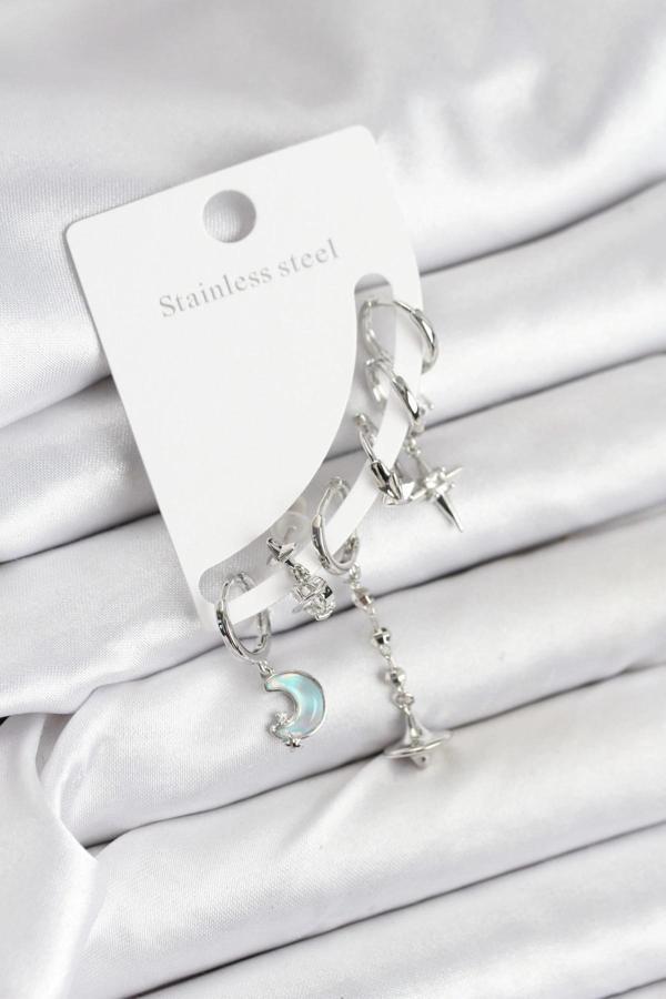 Pirinç Gümüş Renk Ay Model Kadın Set Küpe - Image 1