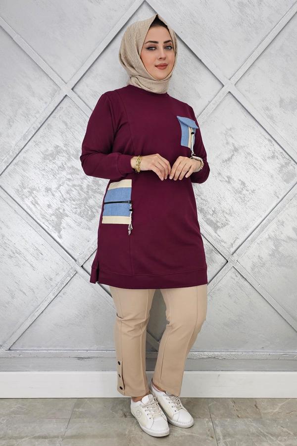 KADIN NERVÜR DİKİM TAŞ DETAYLI TESETTÜR TUNİK - Image 1