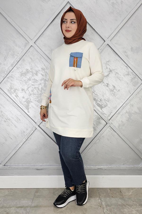 KADIN NERVÜR DİKİM TAŞ DETAYLI TESETTÜR TUNİK - Image 1