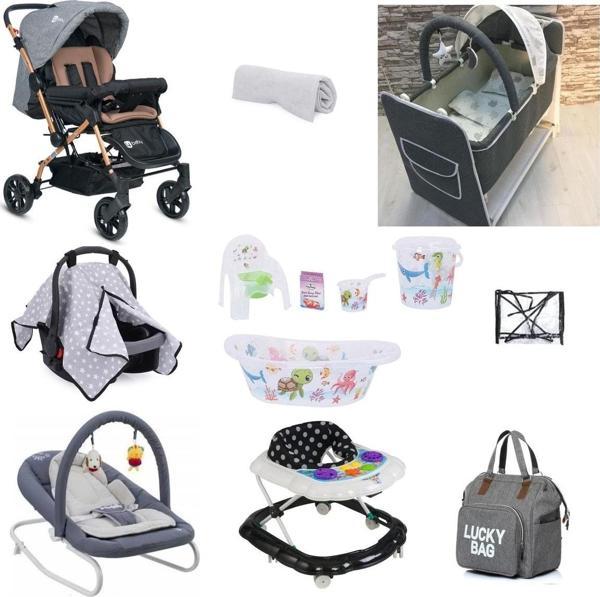 Almira Kids 4Baby Bebek Arabası Bebek Çeyiz Seti 13 Parça Beşik Ana Kucağı Puset Yürüteç Küvet Takımı Çanta - Image 1
