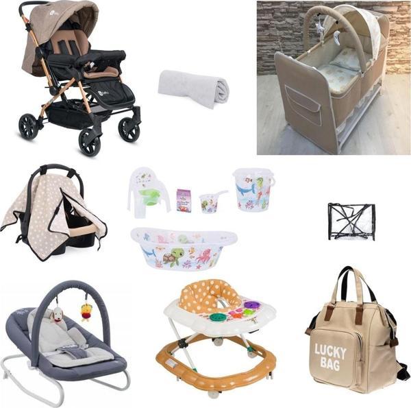 Almira Kids 4Baby Bebek Arabası Bebek Çeyiz Seti 13 Parça Beşik Ana Kucağı Puset Yürüteç Küvet Takımı Çanta - Image 1