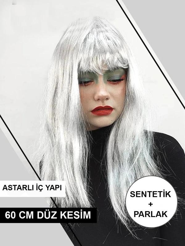 Platin Gri Gümüş Renk Uzun Parti Peruğu Uzun Takma Peruk - Image 1