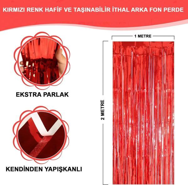 Kırmızı Renk Ekstra Metalize Parlak Saçaklı Arka Fon Perde İthal A Kalite 1x2 Metre - Image 1