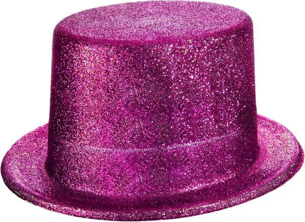 Fuşya Pembe Renk Parıltılı Simli Fötr Silindir Parti Şapkası - Image 1