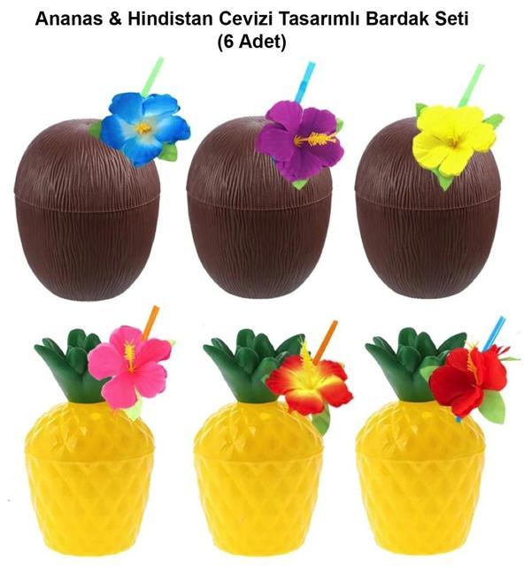 Ananas & Hindistan Cevizi Tasarımlı Pipetli Bardak Seti (6 Adet) - Image 1