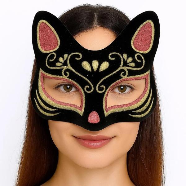 Siyah Renk Süet Kaplama Üzeri Kırmızı Sarı Simli Kedi Maskesi 17x14 Cm - Image 1