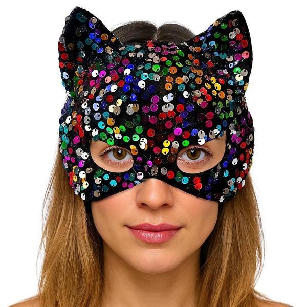 Siyah Kadife Kumaş Üzerine Rengarenk Payetli Pullu Parti Maskesi 16x14 Cm - Image 1