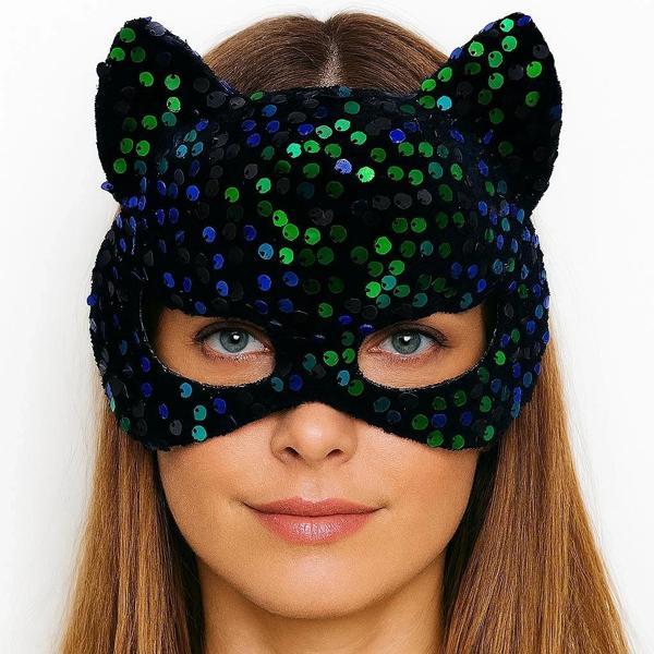 Siyah Kadife Kumaş Üzerine Mavi Yeşil Payetli Pullu Parti Maskesi 16x14 Cm - Image 1