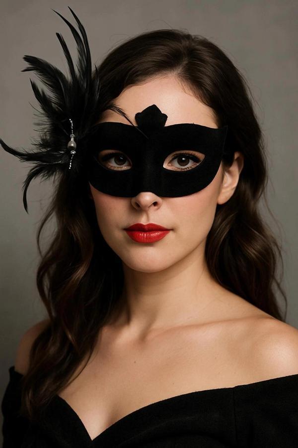 Siyah Renk Yandan Tüylü Süet Kaplama Beyaz İncili Parti Maskesi 18x15 Cm - Image 1