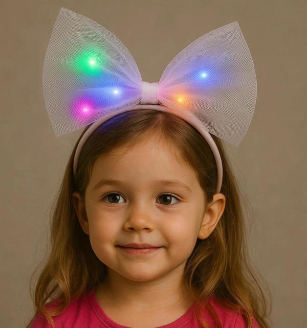 Rengarenk Led Işıklı Fiyonk Şekilli Tül Parti Tacı Beyaz Renk 25x25 Cm - Image 1