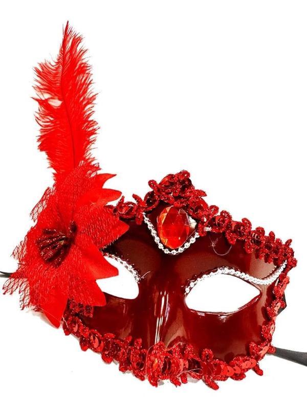 BFS   Kırmızı Mat Renk Yandan Tüylü Güllü Parti Balo Venedik Maskesi 16x22 - Image 1