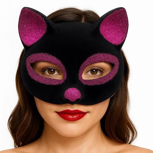 Siyah Renk Fuşya Simli Süet Kaplama Kedi Maskesi 18x14 Cm - Image 1