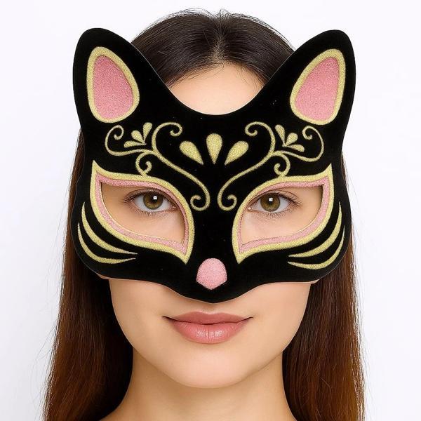 Siyah Renk Süet Kaplama Üzeri Pembe Sarı Simli Kedi Maskesi 17x14 Cm - Image 1