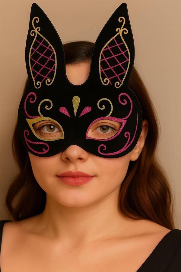 Siyah Renk Kırmızı Gold Simli Siyah Süet Kaplama Tavşan Maskesi 18x16 Cm - Image 1