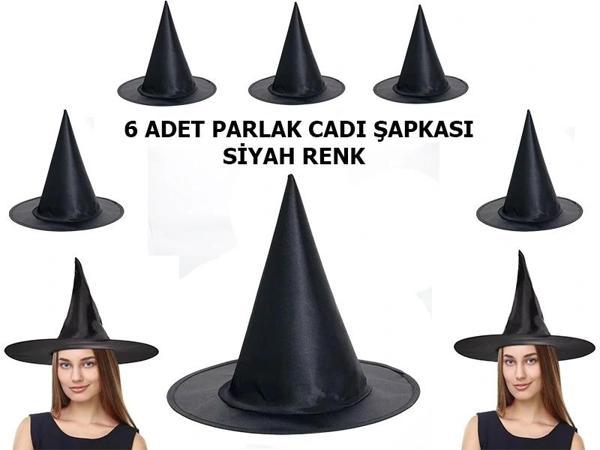 Halloween Siyah Renk Parlak Dralon Cadı Şapkası Yetişkin Ve Çocuk Uyumlu 6 Adet - Image 1
