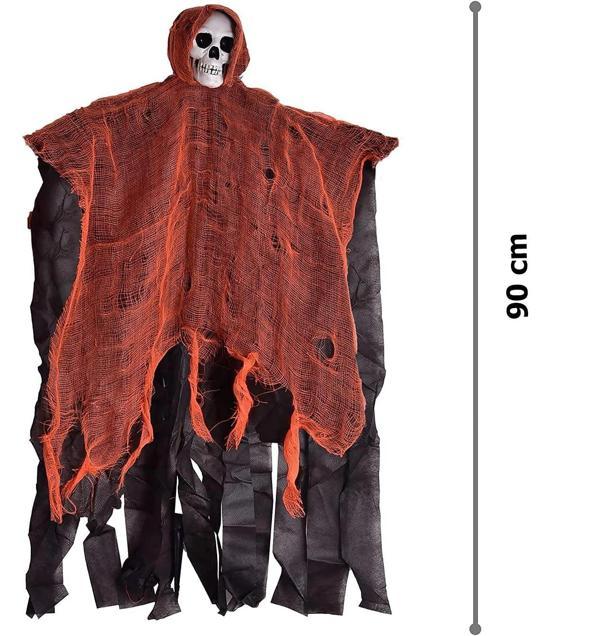 Led Işıklı Kahkaha Atan Sesli Sensörlü Ürpertici Kuru Kafa Korku Hayalet Saçaklı Dekor 90x50 Cm - Image 1