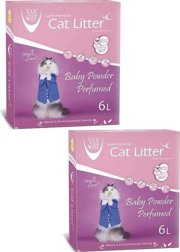 VanCat W180 Bebek Pudrası Kokulu Beyaz Bentonit Kedi Kumu 6 lt 2 adet - Image 1