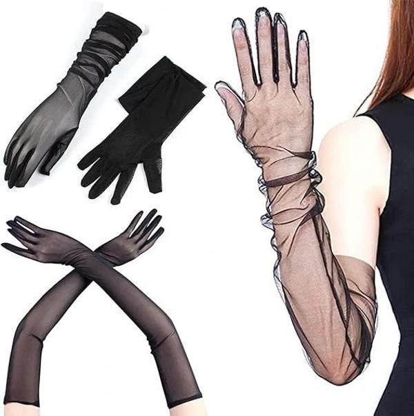 Uzun Boy Likralı Siyah Renk Yetişkin Mega Tül Eldiven 53 Cm - Image 1