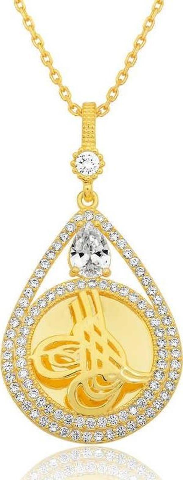 925 Ayar Gümüş Gold Kaplama Damla Tuğralı Kadın Kolye - Image 1