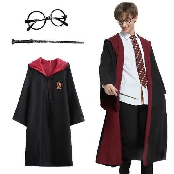 Harry Potter Gryffindor Kapişonlu Çocuk Kostüm + Asa + Gözlük Seti 9-10 Yaş - Image 1