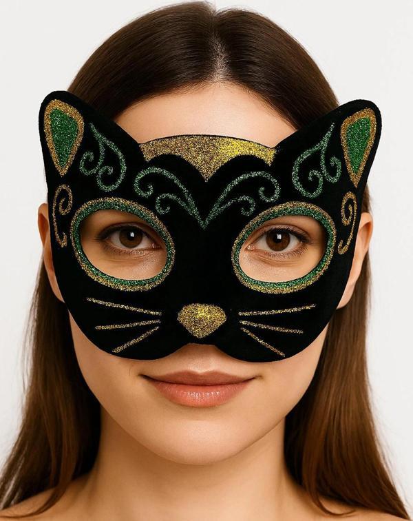 Siyah Kadife Kaplama Üzeri Sarı Yeşil Sim İşlemeli Kedi Maskesi 20x13 Cm - Image 1
