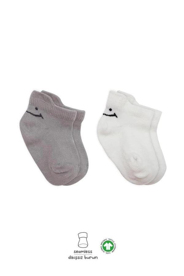 BFS   Bistyle 2'Li Sneakers Smile Penye Çorap BS20106 Gri Ekru - Image 1