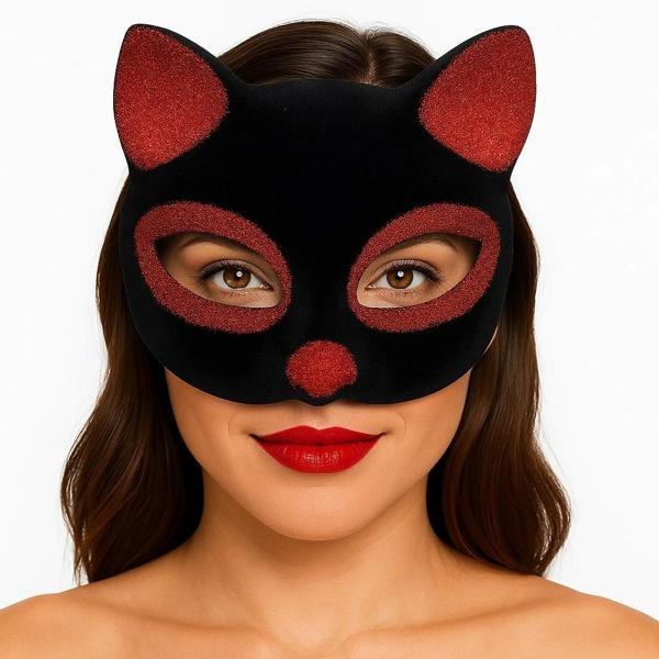 Siyah Renk Kırmızı Simli Süet Kaplama Kedi Maskesi 18x14 Cm - Image 1