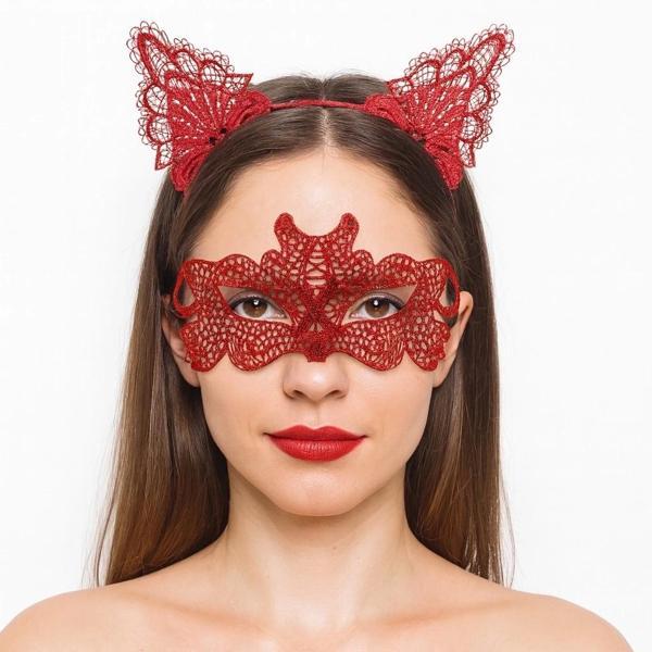 BFS Ateş Kırmızısı Dantel Taç Ve Maske Seti 10 No - Maskeli Balo  Özel Gün Seti - Image 1