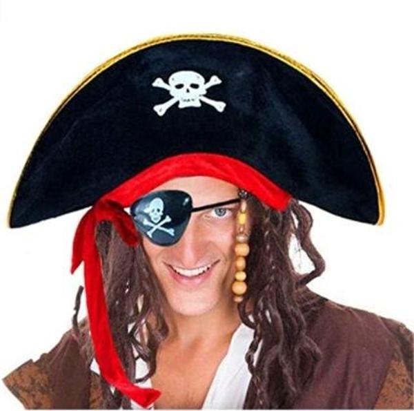 Yetişkin Boy Kadife Kaptan Jack Sparrow Korsan Şapkası Ve Plastik Korsan Göz Maskesi - Image 1