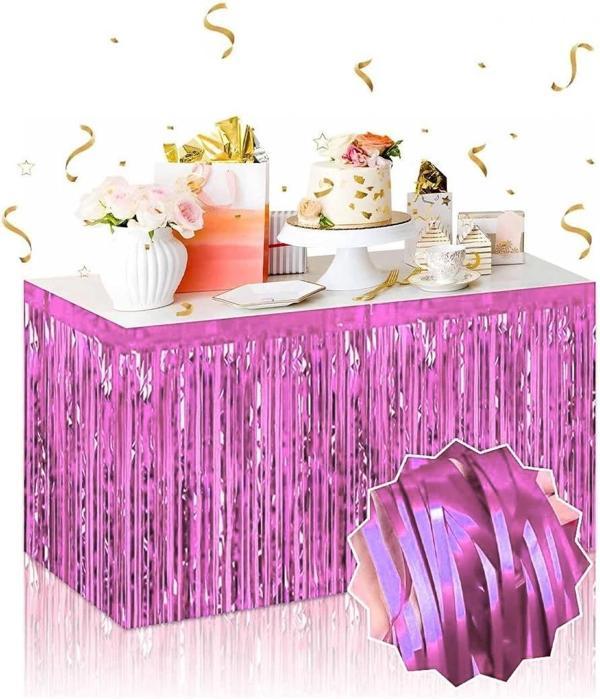 Kendinden Yapışkanlı Pembe Metalize Püsküllü Masa Eteği – 75 X 275 Cm Parti Süslemesi - Image 1