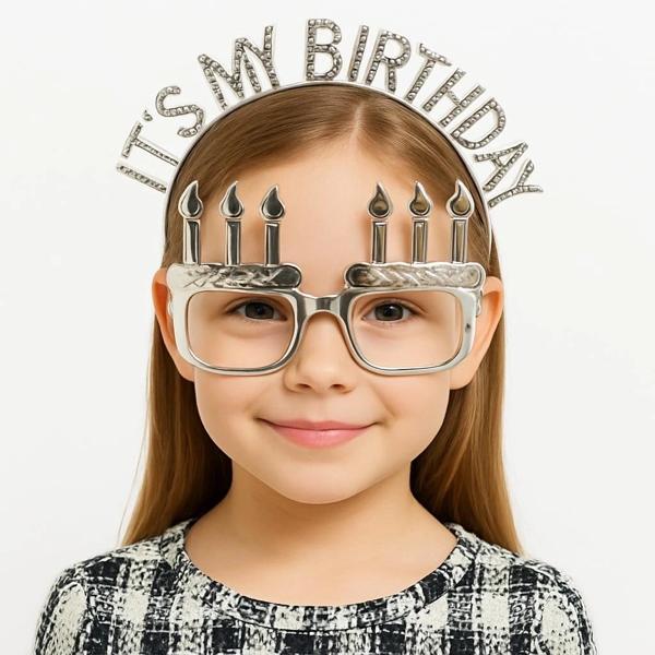 İt&#39;s My Birthday Yazılı Taç Ve Mum Şekilli Gözlük Seti Gümüş Renk - Image 1