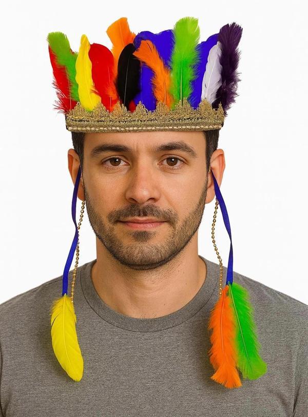 Rengarenk Tüylerle İşlenmiş Lastikli Kızılderili Başlığı - Image 1