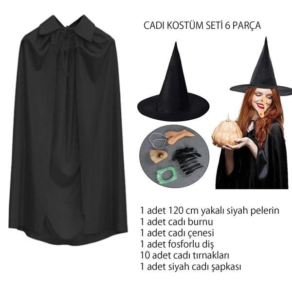 Cadı Kostüm Seti 6 Parça - Şapka Pelerin Diş Tırnaklar Çene Ve Burun - Image 1