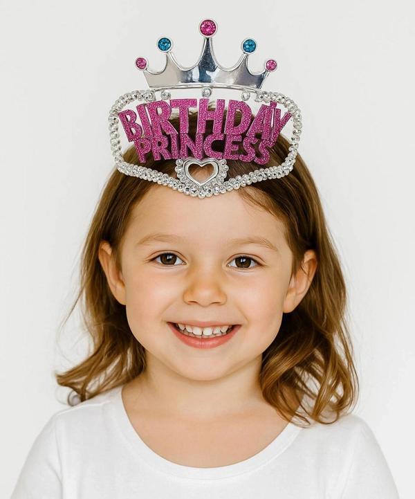 Gümüş Renk Taç Üzeri Pembe Birthday Prenses Yazılı Çocuk Parti Tacı 11x12 Cm - Image 1