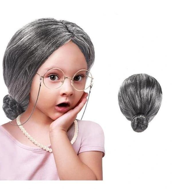 Gri Renk Yaşlı Peruğu Takma Saç Büyükanne Peruğu Yetişkin Çocuk Uyumlu - Image 1