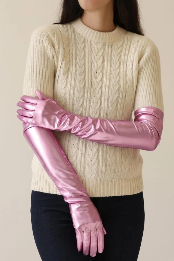 Uzun Boy Ekstra Parlak Saten Eldiven Pembe Renk - Image 1