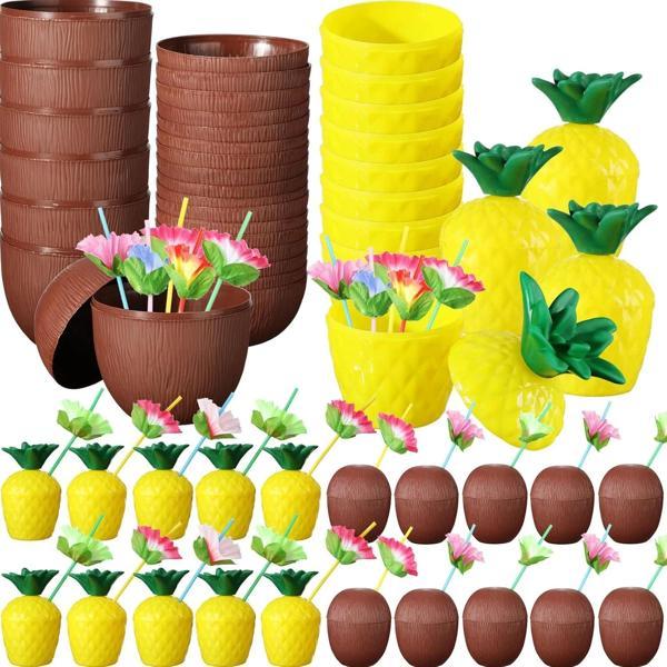Tropikal Parti Bardak Seti – Ananas Ve Hindistan Cevizi Şekilli Pipetli Bardaklar (20 Adet) - Image 1