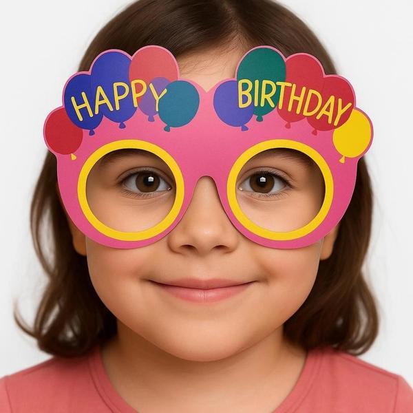 BFS Balon Desenli Karton Doğum Günü Gözlükleri 6 Adet Pembe Renk - Image 1